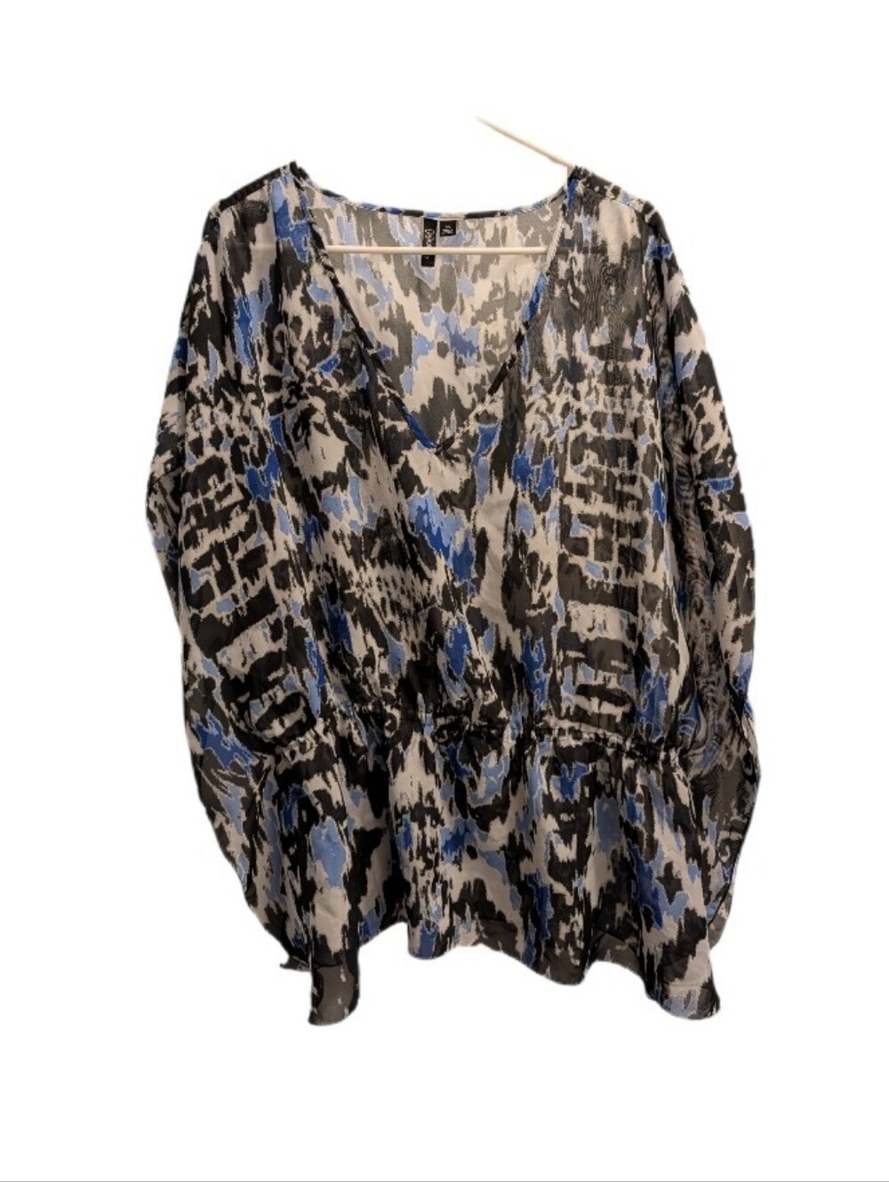 Relativity Black & Blue Abstract Print Open Sleeve Sheer Blouse XL